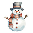 Watercolor snowman with top hat and cozy scarf isolated on white background.
