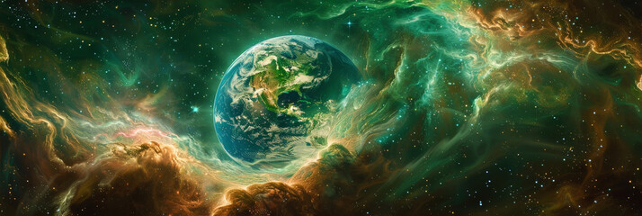 Wall Mural -  Earth with swirling green and blue energy in dark space,  nature's resilience against environmental challenges. 