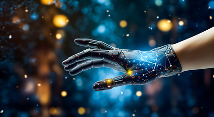 Background AI, Machine learning, Hands of robot and human touching on big data network connection, Data exchange, Science and artificial intelligence technology, innovation of futuristic.