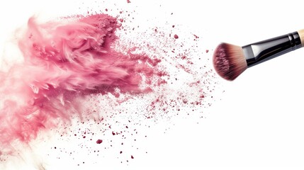 Wall Mural - A makeup brush with pink powder on it, flying in the air, with a white background and wood handle. Generated by artificial intelligence.