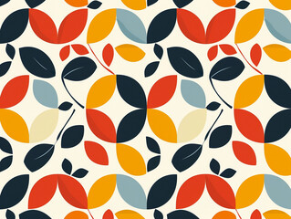  A colorful geometric floral pattern with a variety of flowers and leaves. Retro Scandinavian style.