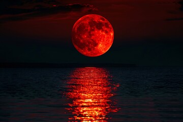 Wall Mural - red moon over the water landscape