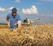 Young farmer standing on wheat field during harvest