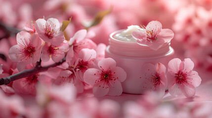 Wall Mural - A small can of white moisturizer on a few pink cherry blossoms background. Generated by artificial intelligence.