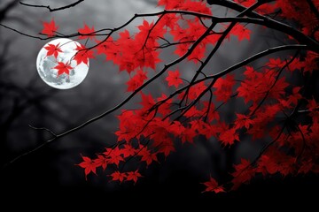 Mystical Red leaves night moon. Tropical forest. Generate Ai