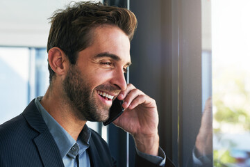 Poster - Happy, businessman and thinking with phone call for conversation, communication or proposal by window at office. Man or employee with smile on mobile smartphone for business discussion at workplace