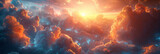 Fototapeta Kosmos -  clouds orange beam of light shines down , cloud and sun,  background of heaven, where a bright ray of light breaks through the clouds, banner