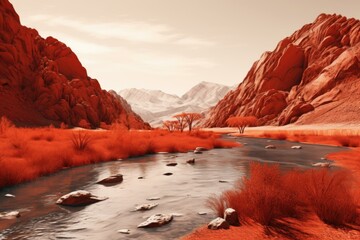 Wall Mural - Imaginary Red fantasy river landscape. Cosmos moon. Generate Ai