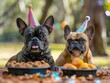 Two French bulldogs wearing party hats sit in front of a table of food.