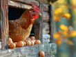 Raising chickens and chickens with eggs in a natural environment, AI generated