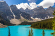 Alpine lake in mountains. Moraine Lake in Banff National Park, Canadian Rockies, Alberta, Canada.