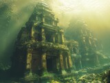 Fototapeta  - Underwater Ruins Adventure   Divers exploring sunken ruins, light filtering through the ocean above
