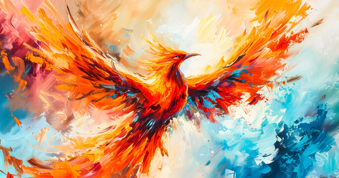 abstract painting of a burning phoenix bird flying in a blue sky full of clouds. abstract background