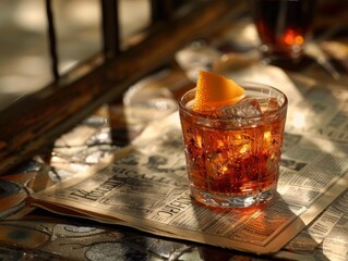 Evocative shot of a prohibition era newspaper headline under a cocktail glass, dramatic shadows cast