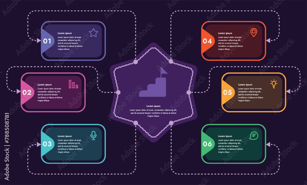 Infographic template. 6 steps that are related to each other. You can ...