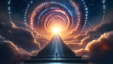 A Monumental Staircase Spiraling Upwards Into The Clouds, With A Figure At The Base Looking Up, Set Against A Backdrop Transitioning From Sunset To Starry Night.