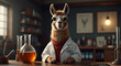 A cute llama scientist working in the laboratory, wearing lab court, Experiment, dark