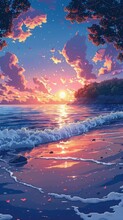 Produce A Series Of Pixel Art Pieces Showcasing Panoramic Views Of Summer Sunsets, Reimagining Familiar Landscapes With A Unique, Modern Twist By Using Intricate Patterns, Sharp Contrasts, And A Limit