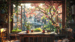A quaint breakfast nook with a view of a blooming garden, birds chirping softly outside.