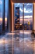 Illustrate the concept of wealth through a digital photorealistic rendering, showcasing a modern penthouse overlooking a skyline filled with towering skyscrapers Include gleaming marble floors and ext
