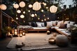 a tranquil patio with a wooden deck, soft rugs, and lanterns, creating a peaceful haven that embodies the essence of Scandinavian hygge.