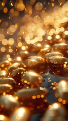 Craft a digital photorealistic illustration showcasing a low-angle perspective of pills composed of shimmering coins, symbolizing the importance of financial well-being Embrace the concept of prosperi