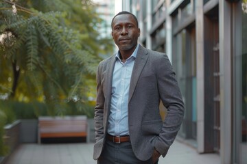 Portrait of a successful African American businessman, director, boss. Standing in a suit outside the office center. He looks confidently into the camera, keeps his hands in his pockets, Generative AI