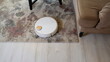 Robotic vacuum cleaner on laminate wood floor and the carpet in living room