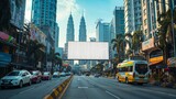 Fototapeta  - Vertical billboard mock up on a crowded avenue in Kuala Lumpur, framed by the iconic Petronas Towers in the distance