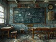 A classroom with a blackboard, desks, and chairs. The blackboard is filled with math equations and diagrams.