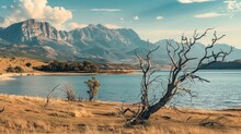 Desert Landscape Of A Lake With Dry Trees Surrounded By Mountains On A Sunny Day In High Resolution And Quality. Desert Landscape Concept, Autumn
