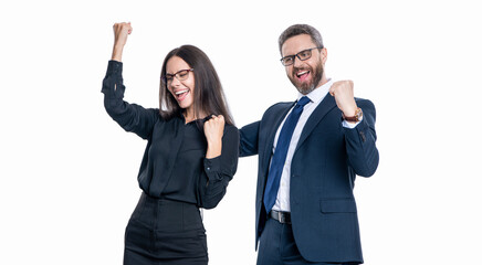 Business success celebration and fun. Business success. Two businesspeople on business successful meeting isolated on white. Successful business woman man in suit having fun. Achieving success