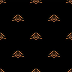 Wall Mural - Seamless geometrical pattern with ethnic Ancient Greek palmette motifs. Orange brown floral silhouettes on black background.