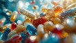 A close-up of a pile of colorful pills and capsules with a blue background.