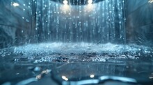 Fresh Shower Behind Wet Glass Window With Water Drops Splashing. Water Running From Shower Head And Faucet In Modern Bathroom