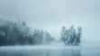 Foggy lake with trees in the background. The water is smooth and still. The trees are bare, and the forest is dense. The fog is thick and white.