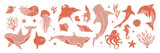 Fototapeta Panele - Ocean animal linocut set, vector whale grunge print, woodcut stamp, wild sea mammal silhouette. Summer marine retro collection, hand drawn underwater shark, coral, stingray. Ocean animal illustration