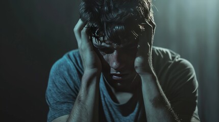 A man is sitting on a couch with his head in his hands. He looks sad and is frowning