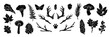 Linocut forest branch set vector engraving Scandinavian leaf, mushroom, cones black print collection. Autumn nature woodcut silhouette, season twig botanical object kit. Linocut branch texture stamp