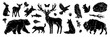 Linocut forest animal set, vector wildlife silhouette nature grunge engraving print collection. Vintage woodcut mammals, grisly bear, deer antlers, fox, rabbit, owl stamp. Boho linocut animal outline