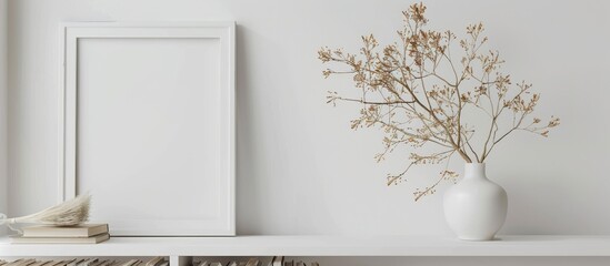 Wall Mural - White frame and dry twigs in a vase placed on a bookshelf or desk, all in white hues.