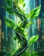 Visualize an abstract scene where cybernetic foliage spirals up a futuristic cityscape