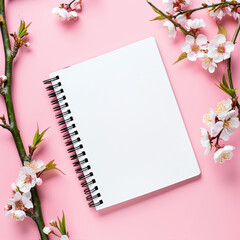 Blank notepad on pink surface with sakura branches
