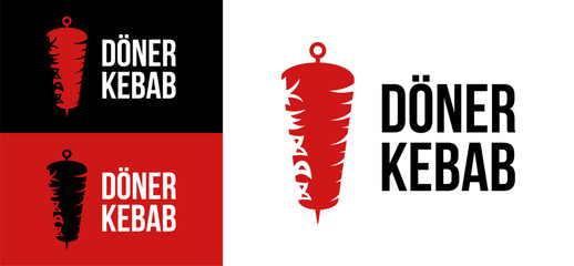 Doner Kebab logo. Fast food eatery banner creative design. Döner Kebab logotype. Shashlik vector illustration. Arabic BBQ label. Shawarma emblem. Halal meat icon. Skewer badge isolated.