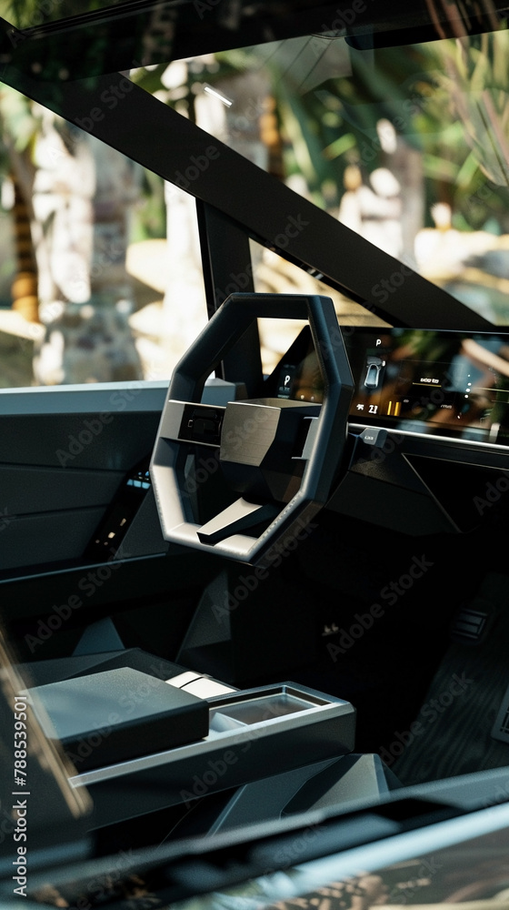 the interior of an EV pickup truck, modern and hi-tech, with sleek ...