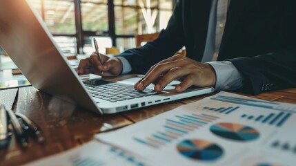 Leinwandbilder - A businessman analyzing financial data on a laptop computer, surrounded by charts and graphs, showcasing strategic decision-making and financial management.