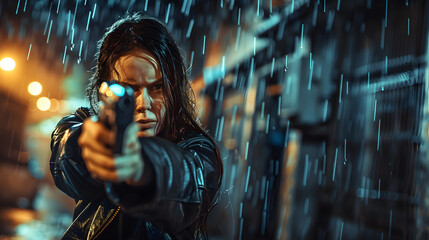 Young woman in black jacket points gun in rain, police officer or killer holding weapon at night. Female detective with pistol on dark street. Concept of spy, thriller movie, murderer