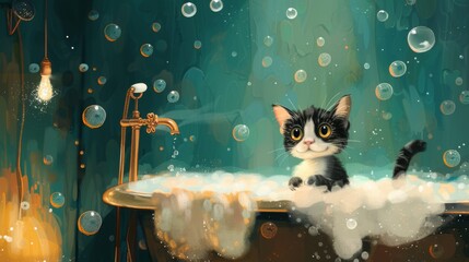 Poster - A charming scene of a cat peering into a bathtub filled with bubbles, its expression a mix of curiosity and amusement at the foamy spectacle.