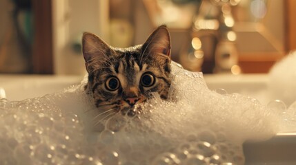 Poster - A charming scene of a cat peering into a bathtub filled with bubbles, its expression a mix of curiosity and amusement at the foamy spectacle.