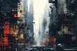 Render a dystopian cityscape where martial artists train amidst chaos, using glitch art to convey the intensity of their achievements from a skewed, close-up perspective